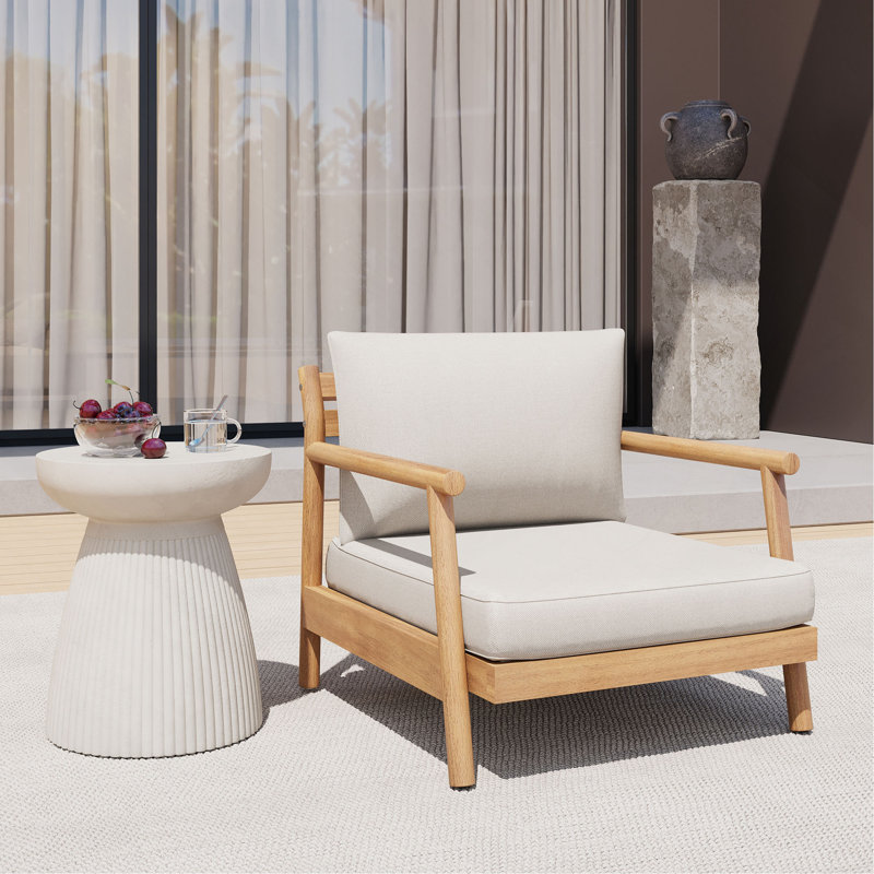 Fauteuil club de patio en bois d'acacia avec coussin résistant à l'eau, teck et beige (1 pièce)