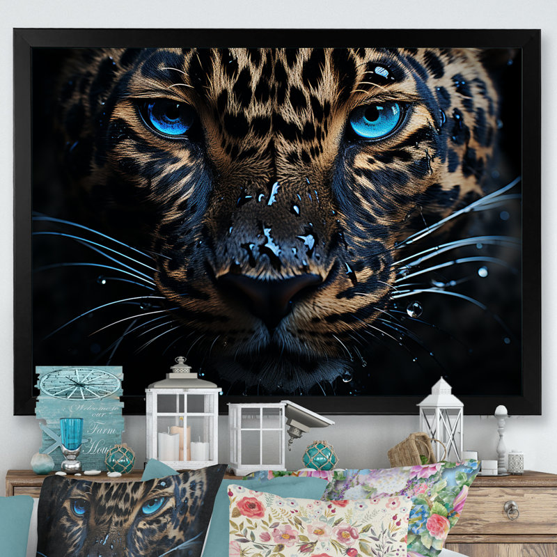 Leopard Nocturnal Souverain Nightime Blues I - art mural léopard pour le salon, Cadre simple noir