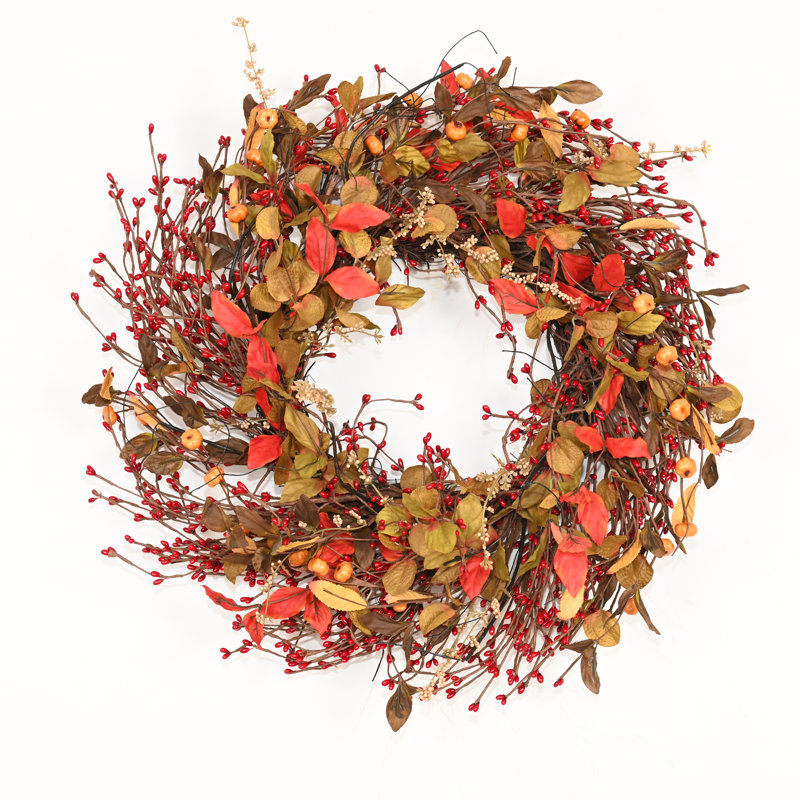 22" Artificial Farmhouse Twig Fall Harvest Blossoms Cluster Berry Front Door Wreath For Thanksgiving Day