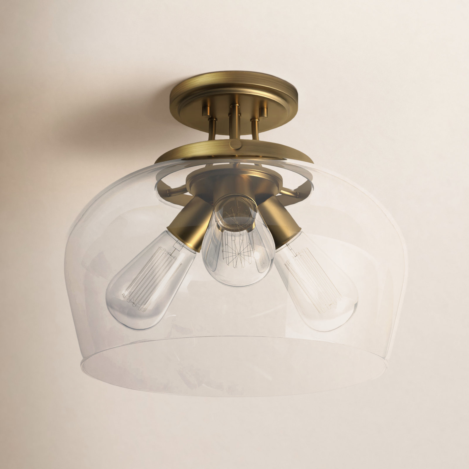 Breena 3-Light Semi Flush Mount, Warm Brass, Clear