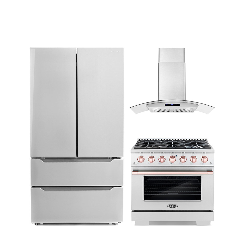 Cosmo 3 Piece Kitchen Appliance Package with French Door Refrigerator , 36'' Gas Freestanding Range , and Wall Mount Range Hood Cosmo 