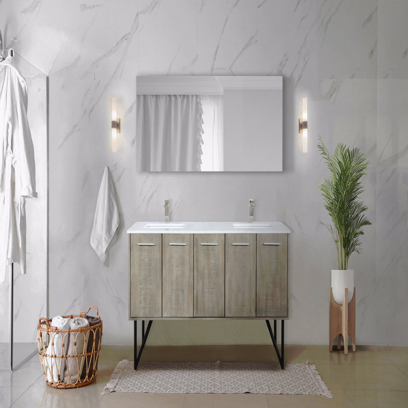 Ensemble de meuble-lavabo double l 60 po x P 20 po avec plateau en quartz blanc et robinet en nickel brossé, Nickel brossé