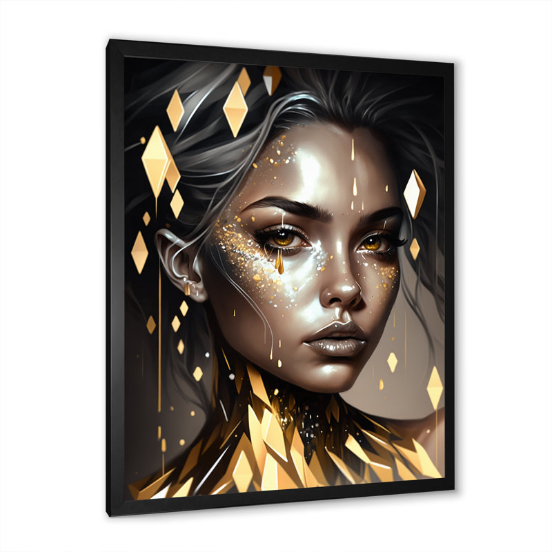Femme rayonnante dorée III - impression, Cadre d'angle fermé noir, H 20 po x l 12 po x P 1 po