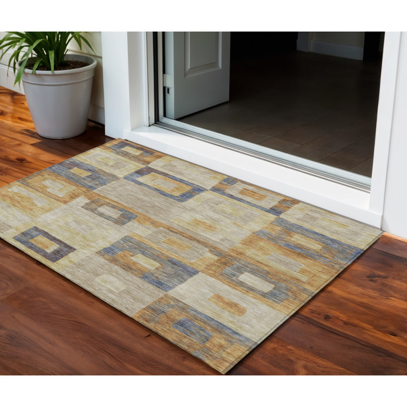 Tapis extérieur lavable à motif géométrique 3 pi x 5 pi bleu et cuivre