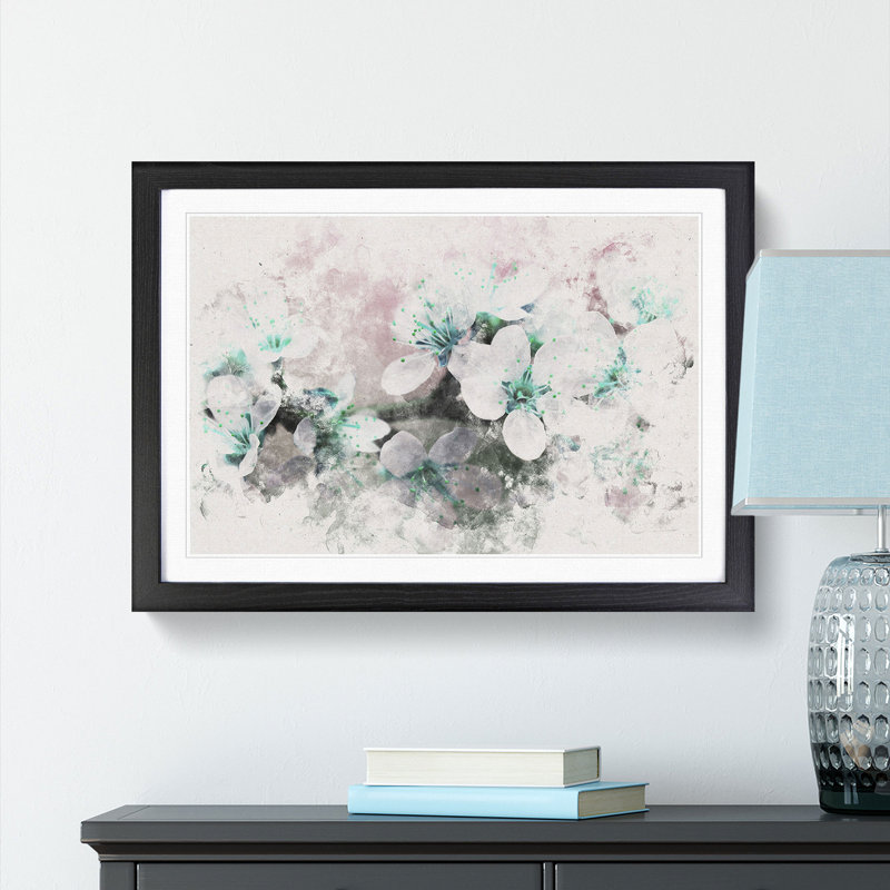 White Cherry Blossom Tree In Bloom Watercolour - Picture Frame Graphic Art on MDF, 35cm H x 50cm W x 2cm D, Black
