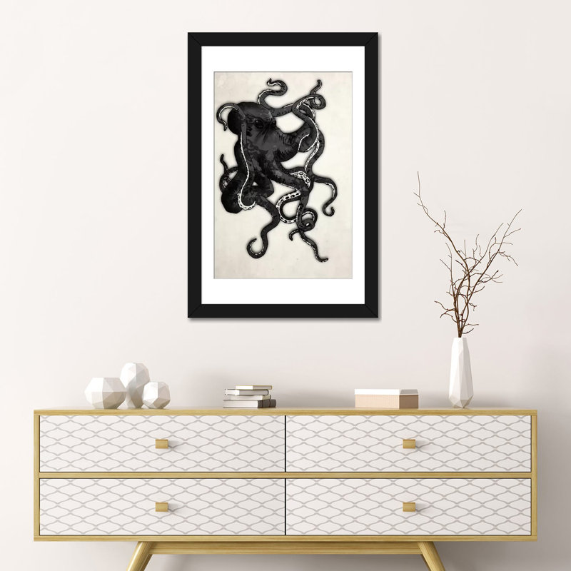 «Octopus», impression sur toile, Papier d'art encadré noir, Blanc, H 32 po x l 24 po x P 1 po