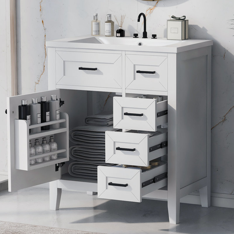 Armoire de salle de bain avec lavabo, Blanc, Noir