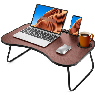 Support pour ordinateur portable en bois, portable et pliable, avec surface lisse rainurée pour les tasses, idéal pour les longs trajets en voiture et pour travailler confortablement au lit. Utilisations multiples à la maison et en déplacement.