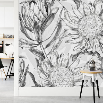 White Wallpaper With Black Contours Peel & Stick Floral Tile