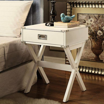 Table d'appoint carrée blanche Kd, coins en métal, plateau en bois, base en forme de X, barre transversale, tiroir de H 15 po x 9 po, sangle de coin coulissante, kd, 15 x 9 x 3 h