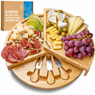 Bamboo Cheese Board and Cheese Tool Set - 37cm Round Charcuterie Board with Slide-Out Drawer - Wooden Cheese Board Gift Set