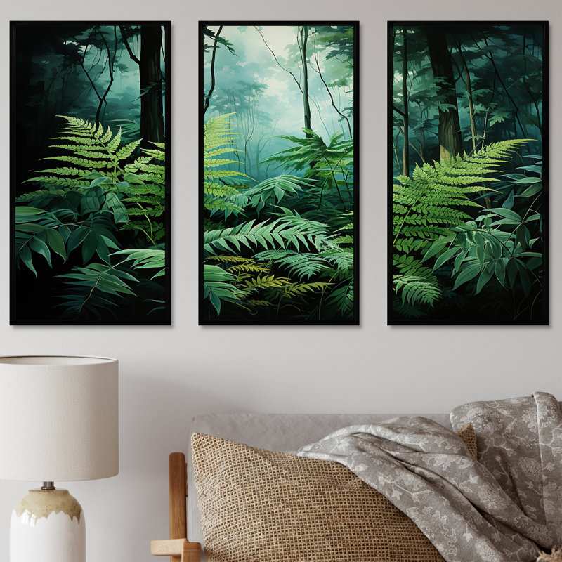Emerald Green Ferns Forest VI - Ensemble d'art mural sur toile Plants, Cadre flottant noir, H 40 po x l 60 po x P 1 po