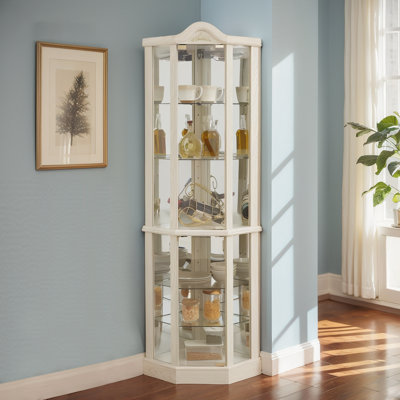 Lighted Glass Display Cabinet with Adjustable Shelves, Carved Decoration, and Wine Storage, Perfect for Home or Office Use in White