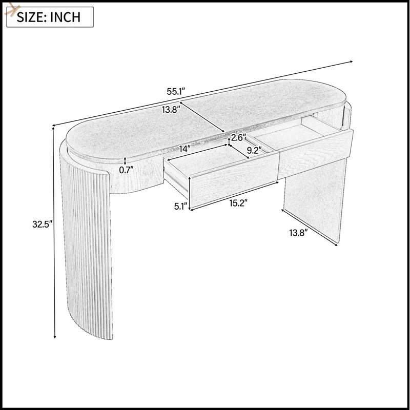 Table d'entrée en grain de bois naturel avec design cannelé, plateau ovale et 2 tiroirs pour un rangement et une présentation élégants