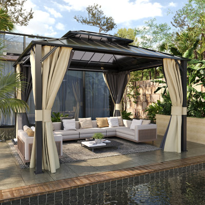 Pavillon de jardin d'extérieur à toit rigide avec cadre en aluminium, pavillon permanent robuste avec filet et rideaux pour patio, pelouse, terrasse