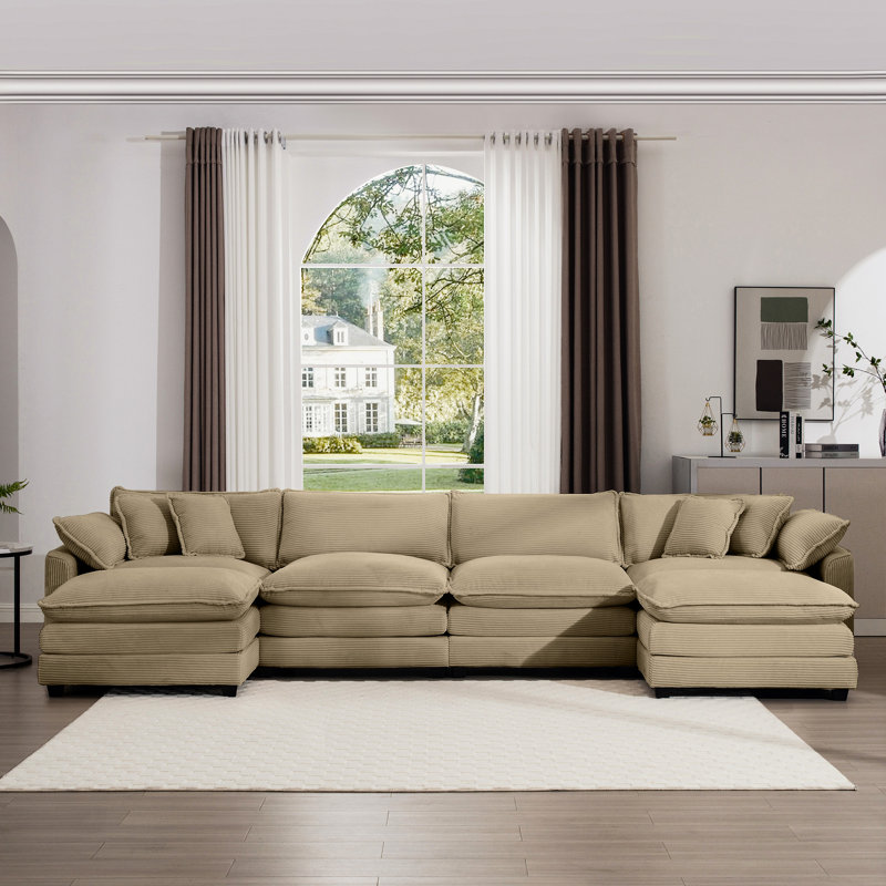 Brun clair Velours côtelé 4: avec 3 coussins décoratifs doux, confortable pour les espaces de vie, mobilier facile à assembler: 4 sièges avec repose-pieds élégants