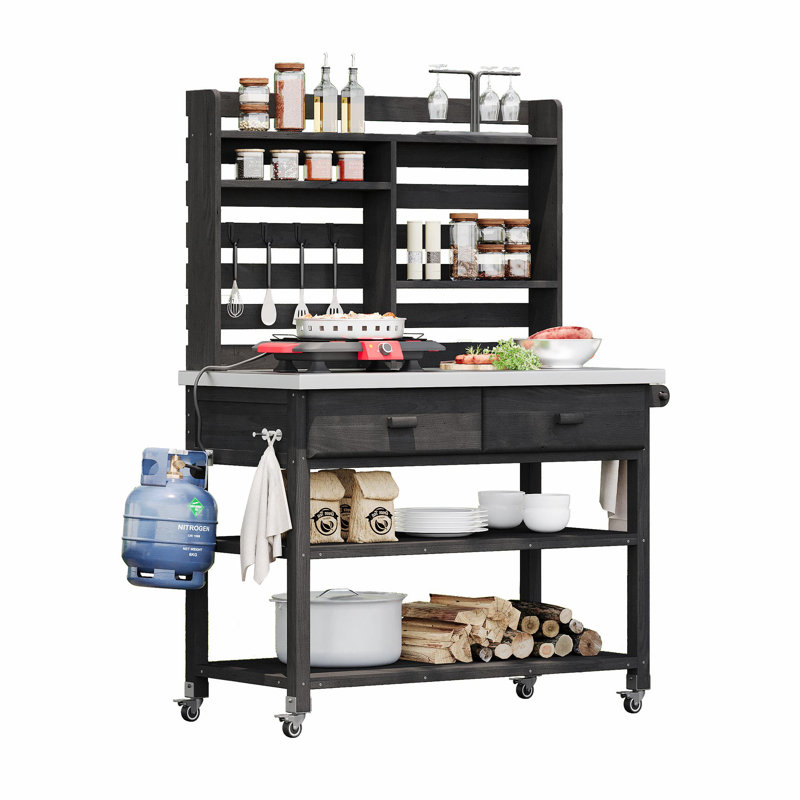Îlot de cuisine extérieur 64,9 "avec roues verrouillables, Noir