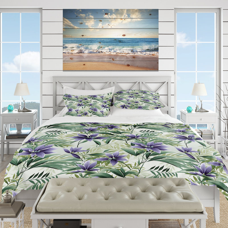 Literie verte et mauve à motif tropical Serenade, Housse de couette pour très grand lit et 2 très