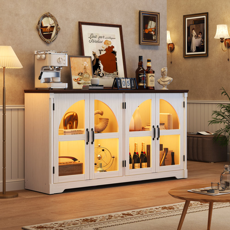 Buffet à DEL 63 po avec 4 portes en verre arquées, Blanc / Brun