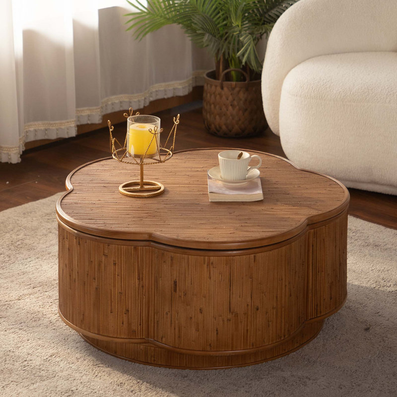 Table basse en rotin Boho-Chic en forme de fleur avec rangement amovible et aucun assemblage requis