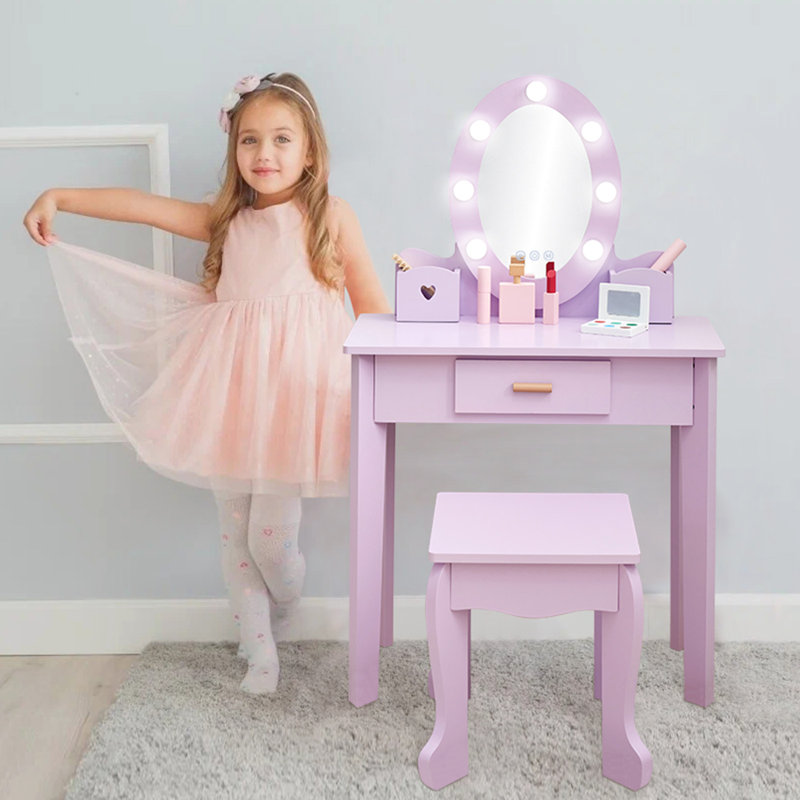 Kids Vanity Set With Mirror & Light, Makeup Table And Stool For Girls, Wooden Play Vanity With Accessories