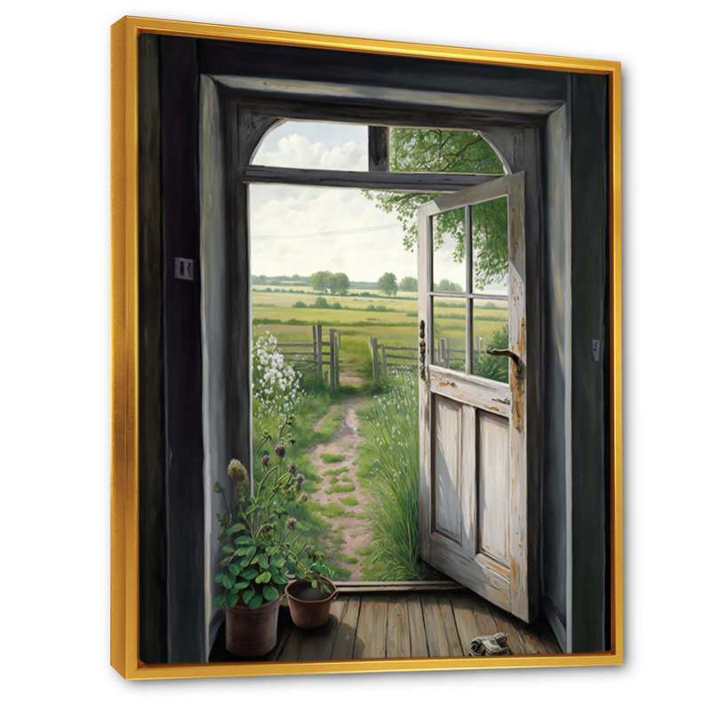 Vue d'un chalet champêtre porte V - Paysage de ferme, art mural, salon, H 20 po x l 12 po x P 1 po, Cadre flottant doré