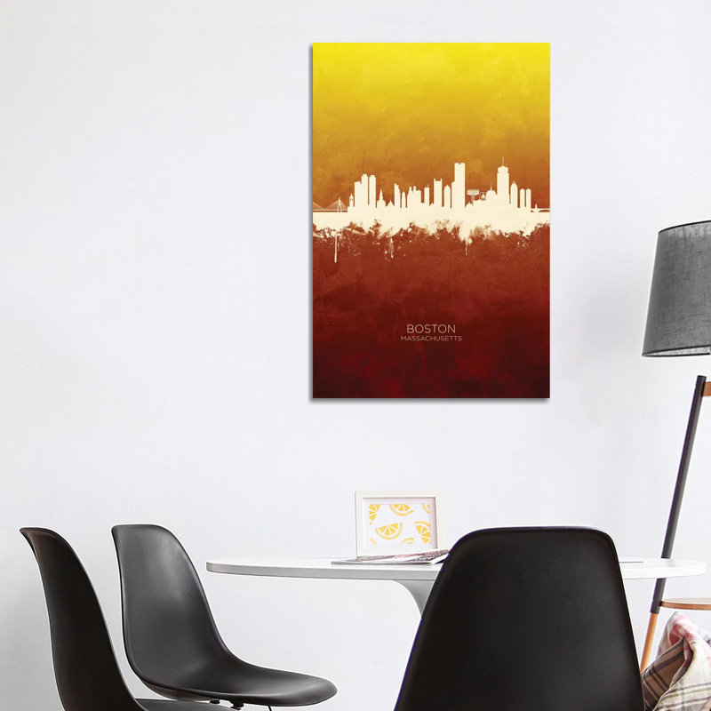 Boston Massachusetts Skyline Red Gold by Michael Tompsett - 1 Piece Wrapped Canvas Wall Art
