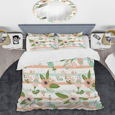 Fleur rose rayée - ensemble de housse de couette abstrait - microfibre de polyester