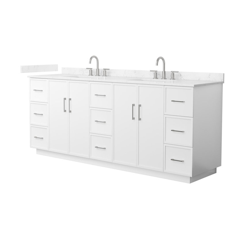 Ensemble de meuble-lavabo double 84 po Elan, Blanc avec garniture nickel brossé, Comptoir en marbre de culture de Carrare