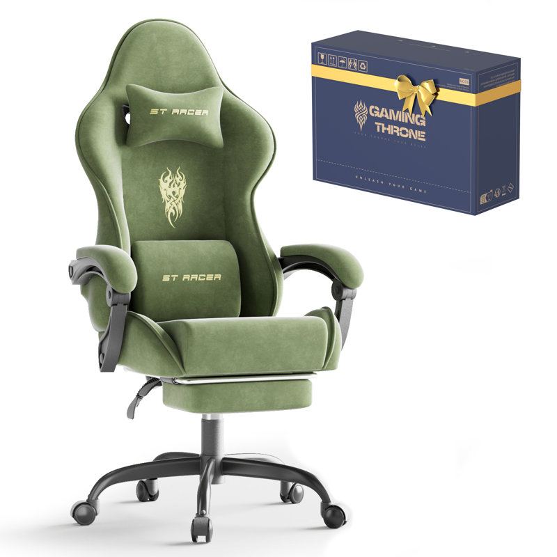 Soontrans Velvet Fabric Gaming Chair with Footrest High Back Ergonomic Gamer Chair with Headrest and Massage Lumbar Cushion Racing Reclining Video Game Chair for Adults, Green