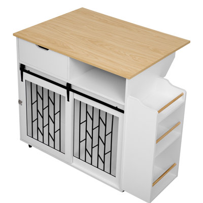 Mobilier pour animaux de compagnie: table de bout pour îlot de cuisine pour chien avec portes coulissantes, tiroir, tablettes ouvertes et latérales, poignées en métal à charnières modernes - espace, avec armoire de porte, roues verrouillables pour un déplacement facile
