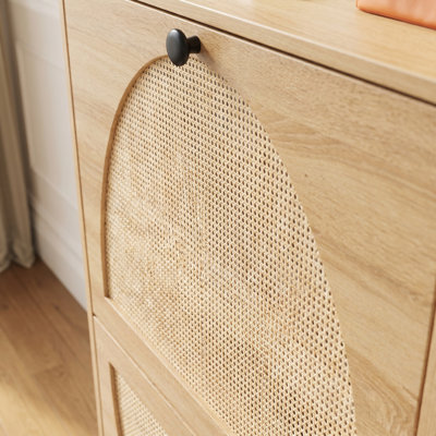 Armoire à chaussures rustique en rotin de chêne avec 4 portes rabattables - Rangement étroit pour l'organisation de vestibule et de couloir, l 39,4 po x P 9,3 po x H 37,4 po