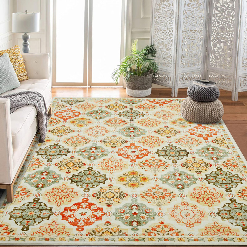 Boho Floral Checkerboard Area Rug - Washable Non-Slip Faux Wool Carpet - Ideal for Bedroom Living Room Kitchen Office Entryway Bathroom