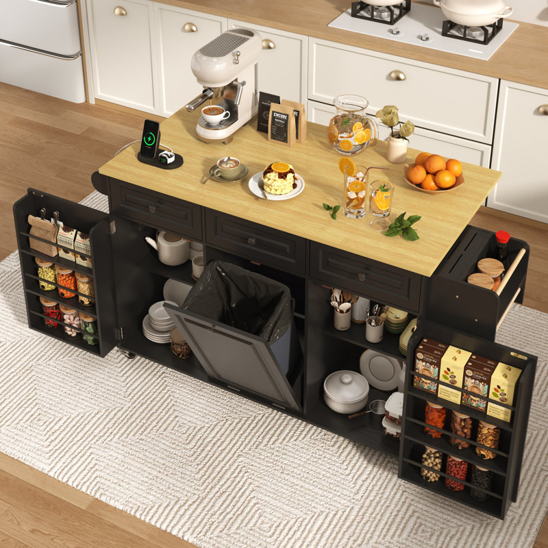 62.8" W Kitchen Island With Storage Cabinets And Drawers, Kitchen Rolling Island Cart With Trash Storage Cabinet, Door Shelves, Power Outlet, Drop Leaf