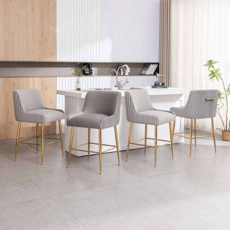 Tufted Velvet Counter Stool (Set of 4), Gray