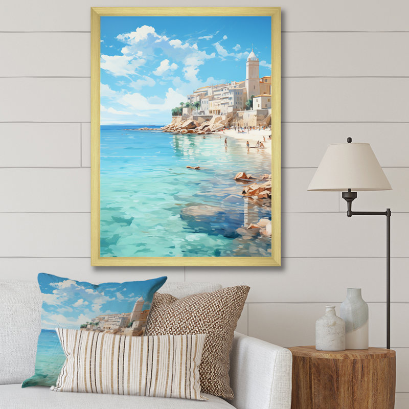 French Seaside At Antibes III - Nautique et plage, reproduction d'art sur toile, Encadrement doré, H 32 po x l 16 po x P 1 po