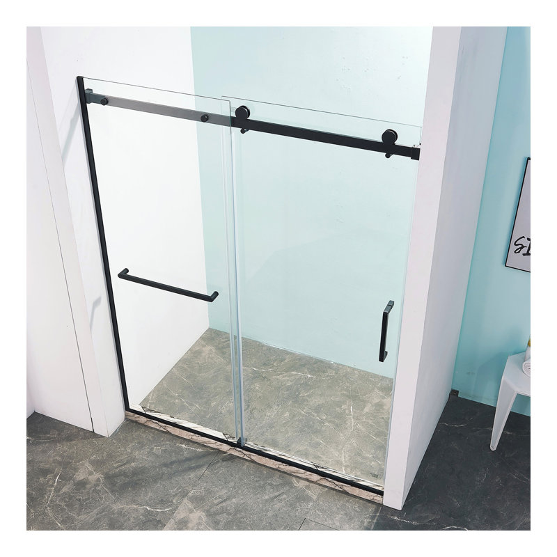 Semi-Frame Single Sliding Shower Door, 304 Stainless Stee, 5/16" (8mm) Thick SGCC Tempered Clear Glass., Matte Black