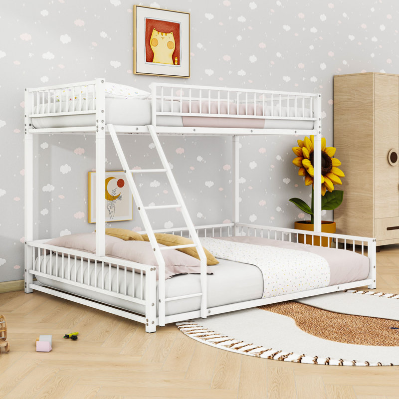 Bunk Bed Frame With Ladder And Guardrails, Twin Extra Long Over Queen, White