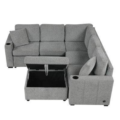 Ziven 84.7"W Chenille Upholstered Sectional Sofa Bed with Storage Ottoman, USB Ports & Cup Holders