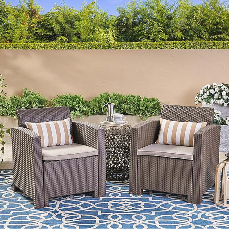 Ensemble de 2 fauteuils club d'extérieur en faux osier avec coussins imperméables, Brun