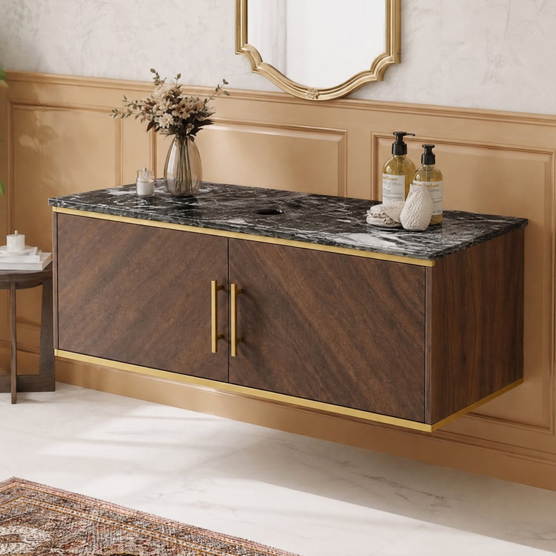 Meuble-lavabo mural avec plateau en pierre frittée, meuble de rangement suspendu pour salle de bain, fini noyer (lavabo non inclus)