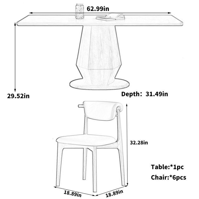 Ensemble de salle à manger rectangulaire 62,9 po x l 31,49 po 62 po