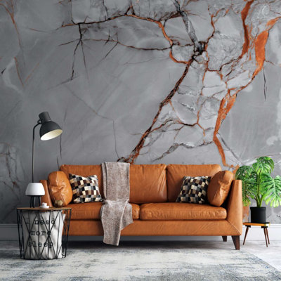 Murale en marbre gris | Papier peint pierre orange veiné | Non-tissé ou pelez et collez