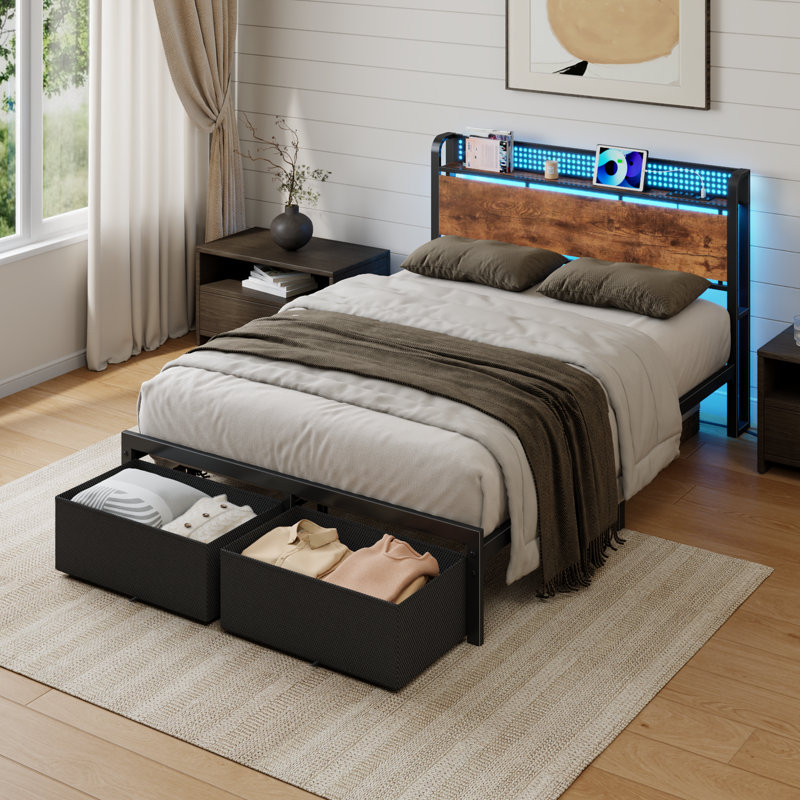 Full Bed Frame with 2 Fabric Drawers and Open Storage Headboard, Adjustable LED Light and Charging Station, No Box Spring Needed