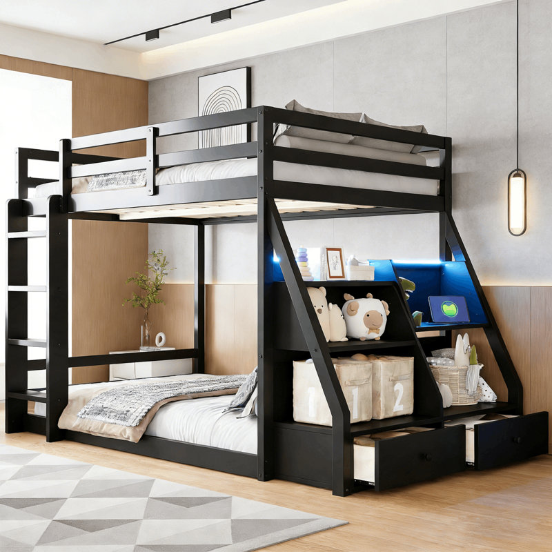 Lit superposé double au-dessus de double avec bibliothèque éclairée, tiroirs de rangement et prises de courant, Noir