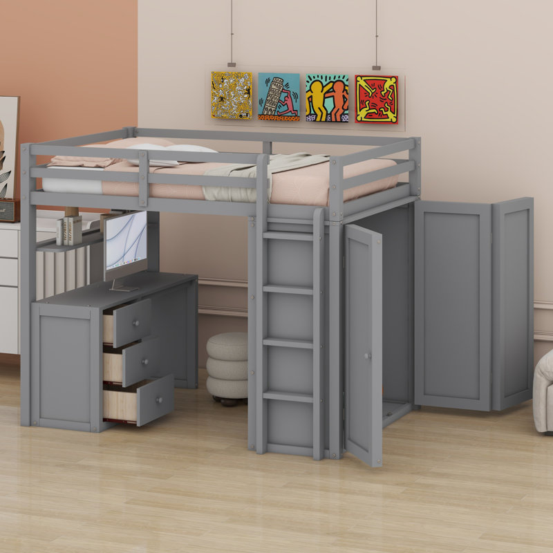 Lit mezzanine avec tiroirs, bureau et garde-robe, Gris