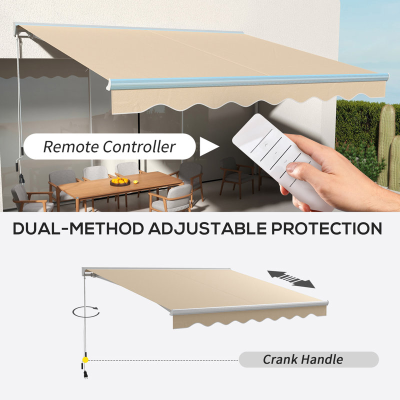 Electric Awning With LED Lights, Retractable Awning, UV40+ Sun Shade Shelter With Remote Controller And Crank Handle For Deck, Balcony, Yard