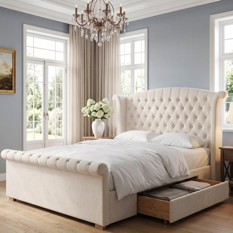 Wingback Tufted Upholstered Sleigh Bed with 2 Storage Drawers, Queen, Cream Velvet, Queen, Cream