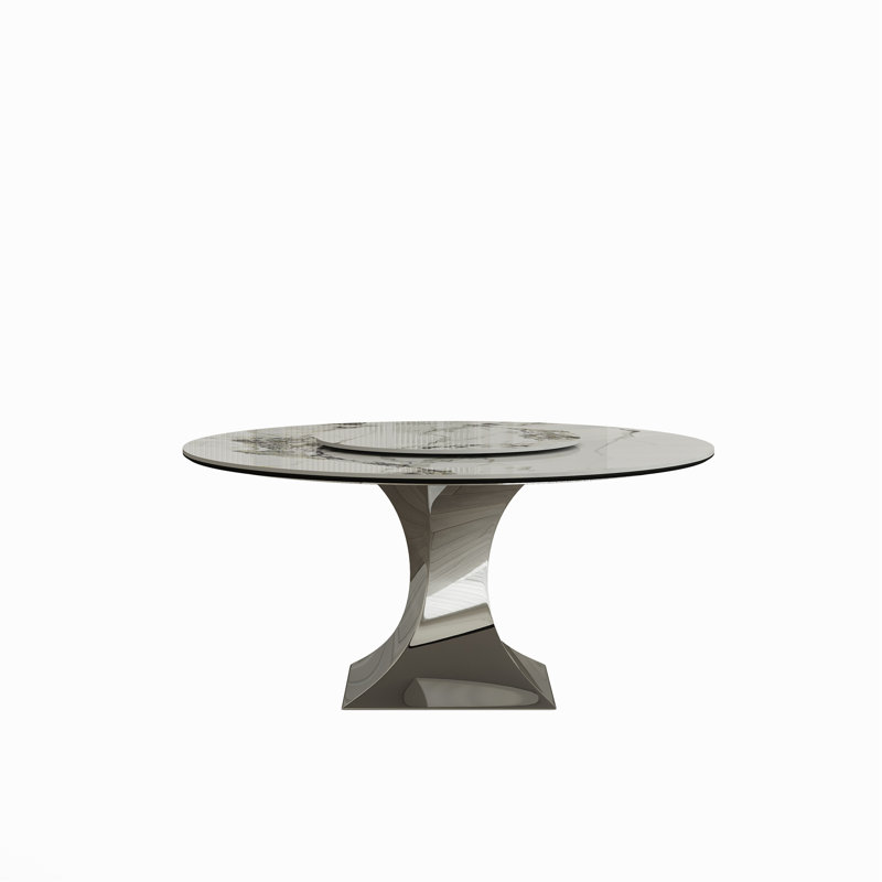 Ensemble de table de salle à manger de 59 po en pierre frittée ronde avec base en sablier en acier inoxydable noir - table de cuisine de luxe en marbre moderne pour 4 à 6 personnes