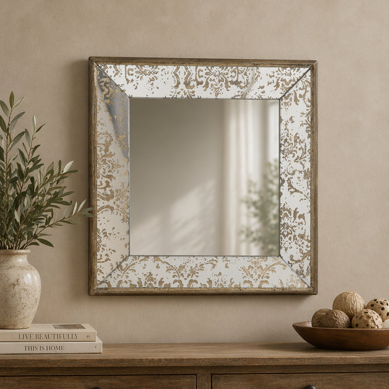 Miroir antique argenté avec détails floraux, 24 po x 24 po